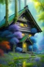 Placeholder: mystical forest, wooden cabin, fine detail, high quality, Neo-Impressionism, mystical, purple blue yellow silver teal black olive azurek, red, pink, brown,