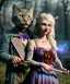 Placeholder: Ultra realistic photo, happy couple, blonde Alice woman and purple cat smoking a pipe + circus blue dress style + black headband with bow + old school body tattoo, smoke, marihuana garden, glow eyes, perfect iris, soft color, highly detailed, unreal engine 5, ray tracing, RTX, lumen lighting, ultra detail, volumetric lighting, high definition.