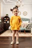 Placeholder: a 3 years old girl in modern clothing and makeup standing pose with cute and joy with pertty shoes in a very large luxury baby bedroom