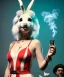 Placeholder: Ultra realistic photographic party portrait, sound club, wide-angle lens, couple, cinematic, happy blonde woman smoking a shisha pipe, accompanied by big white rabbit friend, hot, circus dress style, marihuana plants, color smoke, soft color, highly detailed, unreal engine 5, ray tracing, RTX, lumen lighting, ultra detail, volumetric lighting, high definition.