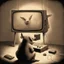 Placeholder: pig watching a tv about video game persona with a rabbit playing music beksinski style