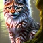 Placeholder: close up on fluffy lynx in a tree in magical forest,another red owl in the background, fantasy book cover art