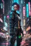 Placeholder: Realizza una dettagliata e ad alta risoluzione rappresentazione di un personaggio cyberpunk semi-realistico immerso in un contesto urbano, integrando senza soluzione di continuità la tecnologia avanzata con un ambiente grintoso. Immagina un protagonista che si muove attraverso le strade affollate, adornato di miglioramenti cibernetici che potenziano le sue capacità fisiche.