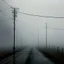 Placeholder: An empty road on a misty day. Telegraph poles and wires. Muted tones. Tilted high horizon. With blotches, blurry areas and lens noise and grain. Photo 4k