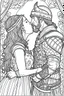 Placeholder: Fantasy coloring page, minimal detail. HD. Woman kissing a male knight with a beard