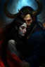 Placeholder: Painting, Beard, dark hair, demon prince, horns, handsome, mysterious, gentle, embracing a beautiful woman with long dark hair, celestial
