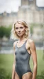 Placeholder: beautiful anorexic young woman, total shot, grey triathlon swimsuit, short blonde wavy bob hair, blurred city background