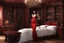 Placeholder: photorealistic slim woman looking like Vampirella in a bedroom with wooden furniture, bookcases and opulence