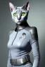 Placeholder: Portrait of a grey cat which is dressed like Seven of Nine Star Trek. Eyes like seven of Nine