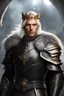 Placeholder: Male Tan Human, White Hair, Handsome Face, Wearing A Crown, Black Heavy Armour, Dark colours theme, Dark Background