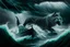 Placeholder: A giant lumbering grey wolf attacks a tiny boat in a stormy sea, a dark, ominous image, black, turquoise (a little closer to green) and white colours, rain, wind, lightning, dynamic, surreal. And a cat. Definitely a cat.