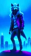 Placeholder: full body shot, happy gentle kind grinning werewolf standing on top of a skyscraper, smiling eyes wide open: daytime: confident, stylish, Matrix film style, neon lighting, cool blue hue on sleek metallic surroundings, the werewolf's clothes are avant-garde and edgy, fashionable essence of 2029, highly detailed digital painting, intricate details, Sharp focus, smooth lines, futuristic allure, captivating, visually stunning