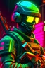 Placeholder: us men soldier with rilfe M4 with helmet with neon background colour with text szczepan with cyberpunk style