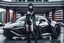 Placeholder: A Full-Length Pale Dark-Haired Woman With A Straight Bob Hairstyle With A Fringe, In A Futuristic Leather Outfit, And Gloves, Standing Next To A Futuristic Car, in a futuristic city