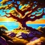 Placeholder: A mighty oak tree with a quill and scroll at the base of the tree with the ocean at the background, bob ross style (vibrant colors) (sunlight) (wide angle)