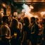 Placeholder: a crowded smokey bar, lots of people, focus on a lonely person against the wall