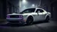 Placeholder: "An armored Dodge Challenger 2024 with a gloss black and glossy white fusion, featuring purple accents on the armor plating, spoilers, and rims. Tinted windows and deep purple headlights add to its mysterious vibe. The car sits low with black concave mega mesh wheels, set in a dark, foggy alleyway at night, exuding an ominous presence."