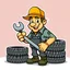 Placeholder: retro cartoon company mascot of a vehicle mechanic with a hint of forest ranger, holding a torque-wrench and next to a stack of tires