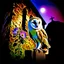 Placeholder: Adobe Promp: On a wall, a close up of a barn owl, side view, in a lavish background of blooming passion flowers. In the background in the distance an old ruin. A fisheye effect, a small depth of field, a sloppy look, a vintage atmosphere. a botanical image. Glamour glow, beautiful light.