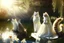 Placeholder: Cats in wedding dress next to a pond in sunshine