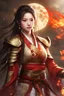 Placeholder: Photograph Best quality, masterpiece, ultra high resolution, pretty 1 girl's portrait close-up, flowing hair, real skin, jewelry, solo, Chinese clothing, armor, flame: 1.2, moon,blurry, realistic, Chinese Zen