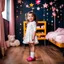 Placeholder: a 4 years old azeri girl in modern clothing and makeup standing pose with cute and joy with pertty shoes in a baby bedroom