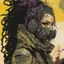 Placeholder: front facing full length portrait illustration of a grunge armored female with beaded dreadlock hair cyberpunk vampire mercenary with gas mask, telecommunications headset, and shemagh, highly detailed with gritty post apocalyptic textures, toxic irradiated landscape, finely detailed facial features and hair, in the graphic novel style of Bill Sienkiewicz, and Jean Giraud Moebius, with elements of collage, mimeograph, and pen and ink