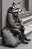 Placeholder: One single mature homeless fox with worn out clothes, sleeping in a corner on the street, Vienna, mourning, model style, hyper realistic, extremely accurate, delicate, extremely detailed, Graphic novel style, wide-angle, open aperture, superfine pencil