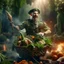 Placeholder: victory portrait of crazy cook army officer dunking vegetables in basket inside grove with fluffy hare with mutations getting blasted by exploding hare, 4 k, down-light, soft light, depth of field, photo realism, trending on art station, high detail, spray paint