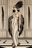 Placeholder: a woman with feathers in an Art Deco foyer by artist "Romain de Tirtoff"