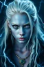 Placeholder: Portrait of a 16 years old beautiful genasi girl, warlock from d&d, blue skin, purple eyes, white hair with clouds, white eyebrows, electricity, high definition pictures, high quality