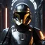 Placeholder: star wars bald male corellian pilot wearing pearlescent black and gunmetal grey First Order special forces heavy assault stealth commando armor and helmet with gold trim inside the jedi temple, hyperdetailed, dynamic lighting, hyperdetailed background, 8k resolution, volumetric lighting, light skin, fully symmetric details