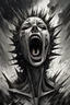 Placeholder: suffering woman creature roar, gray weird sky, storm, distopic, weird and surreal mood, highly detailed, dark sad, thriller atmosphere, sharp, metallic edges, around spikes, tall walls, , broken pieces, shattered face, cracks, everhere, hyperdetailed, greyscale, pale light, crepy stunning, drawing and ink , abstract shapes floating in dark space, metal lines, deep colors, dramatic shadows, dark mood