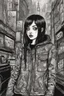 Placeholder: create a full body portrait illustration of a gothpunk girl with highly detailed , sharply defined feminine facial features, in a chaotic, turbulent, otherworldly London in the style of Junji Ito, precisely drawn, inked, with dramatic edges,