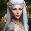 Placeholder: Ice Princess with white hair smilling, a crown with precious stones, bright background