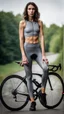 Placeholder: photography of a beautiful anorexic woman, grey satin triathlon top, brunette wavy bob haircut, pronounced sternum, flat chest, grey satin cycling leggins