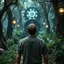 Placeholder: Scene from a modern fantasy live-action movie featuring the "Garden of Practicality", the Clockwork Forest Realm of Ix Chel, Cyberpunk style. At most one human being viewed from the back, at least 10 meters away from the camera.