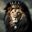 Placeholder: BEAUTIFUL HAPPY lion with large black wings and beautiful jewels crown. outdoor. lion wearing prince clothes and crown. photographic. realist.