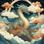 Placeholder: Bordered digital illustration of a ethereal cloud Dragon Emperor upon a mountain by Victo Ngai. Torat card, Hanafuda style. High quality, masterpiece.