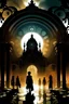 Placeholder: Shadows of people trying to escape from a ghost, and behind them there is a palace ،and a time portal that explodes