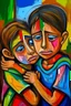 Placeholder: a girl hug her brother and both crying sadly, expressionism, Pixar style, in abstract art Basquiat, Picasso, Miro, Kandinsky, Klee, Birell, Fairey, Ardon, Buffet aand Picasso style, HD --s 750 --v 5.1 --style raw, water color