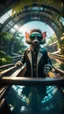 Placeholder: fish-eye photo model furry hairy pimp rocker priest alien on boat bridge over water slide in dark lit reflective wet jungle metallic hall dome hotel tunnel, in the style of fallout 4 game,bokeh like f/0.8, tilt-shift lens 8k, high detail, smooth render, down-light, unreal engine, prize winning