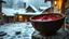 Placeholder: close up an old bowl is full red blood on snowy poor villager courtyard, dramatic atmosphere, in background blur , low light, high detailed, sharp focus, high realistic, perfect photo