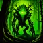 Placeholder: 90's TCG art retro fantasy art of tree creature with glowing green eyes