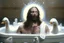 Placeholder: Jesus is bathing. playing with foam and rubber duckies in his bathrobe. halo on his head. 4K David Palumbo