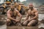 Placeholder: portrait shot photography of two ugly 36 year old beefy big robust burly italian carpenters embraced in the mud, dirty and wet, wearing bulging shorts, shirtless, hairy chest, serious, very virile, short beard, shaved hair,, , in a sunny construction work area, photorealistic , photorealistic