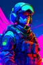 Placeholder: soldier with rilfe, with blue background colour, neons in cyberpunk styles