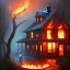 Placeholder: upper body of grim reaper in front of skewed house on fire in a hurricane, thick forest, oil painting, portrait