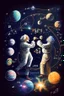 Placeholder: Albert Einstein and Richard Feynman playing with numbers & atoms in outerspace with planets, cosmic gas, stars, moons, and comets dancing around them