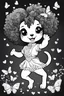 Placeholder: create a coloring page of a chibi puppy with a curly afro ponytails dancing around hearts and butterflies. she smiles while shes playing , black and white